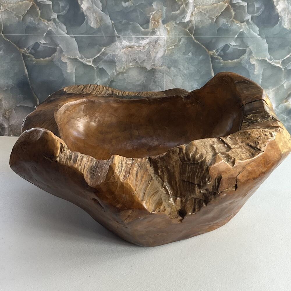 Rustic Teak Wooden Bowl Hand Carved Centerpiece 19X18X10 Home Decor
